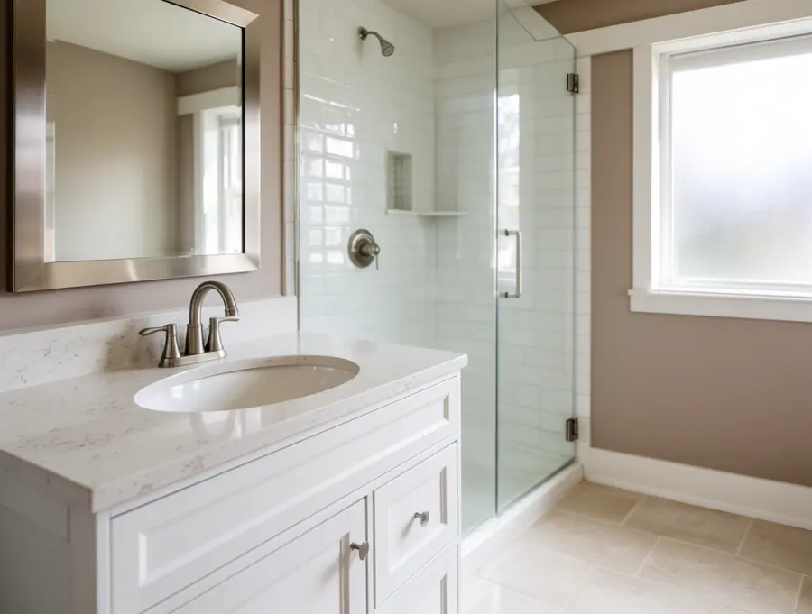 A bathroom with a white vanity, quartz top and glass shower
