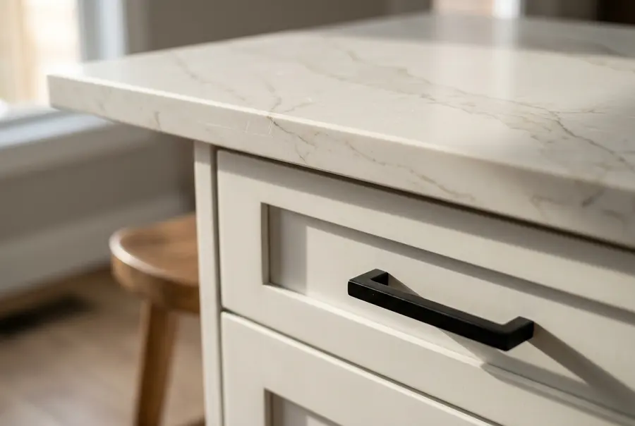 Quartz countertop with a brushed brass faucet and cabinet pull