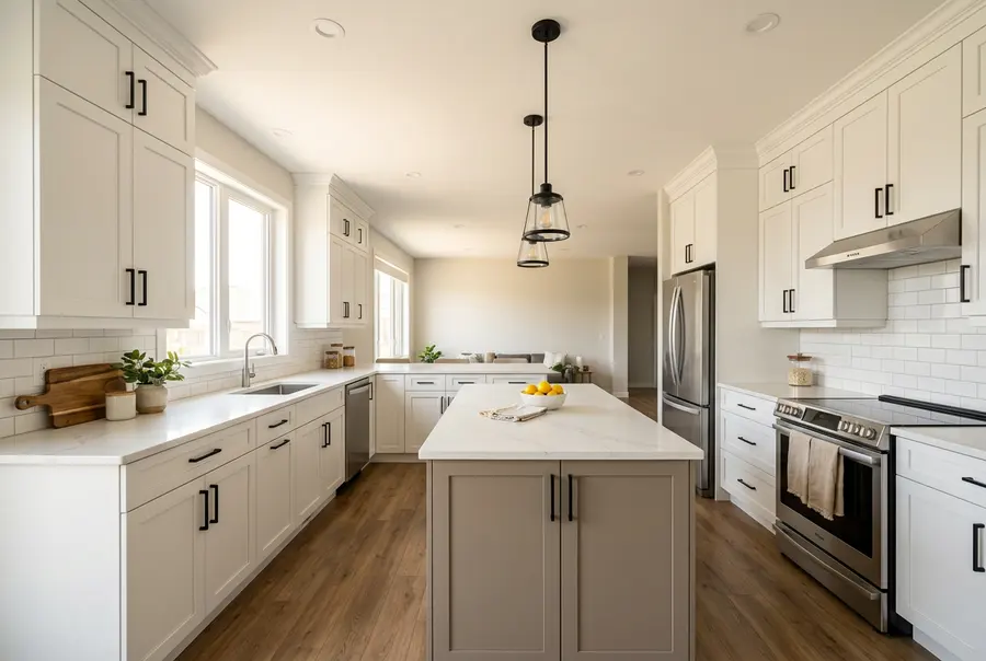 A kitchen with an island and shaker cabinets